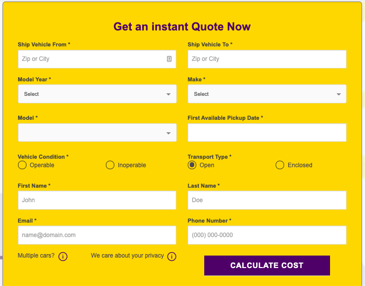 Picture of the Instant Quote Form